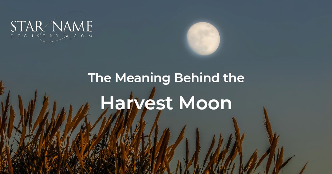 A full moon in a clear dusk sky over ears of wheat. Text in the middle of the image says 