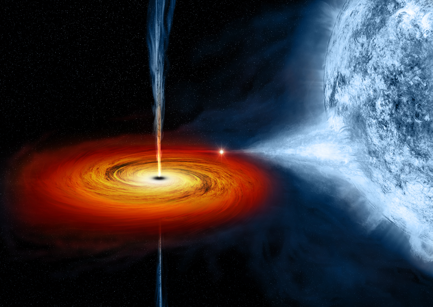 The image is an artistic depiction of a black hole consuming the mass of a star. The outer layers of the Black Hole show a deep red, the middle layers show an orange glow, and the centre is a bright while, followed by a sharp black dot right in the centre. the star being consumed is an azure blue, with only its outer layer being drawn into the black hole..